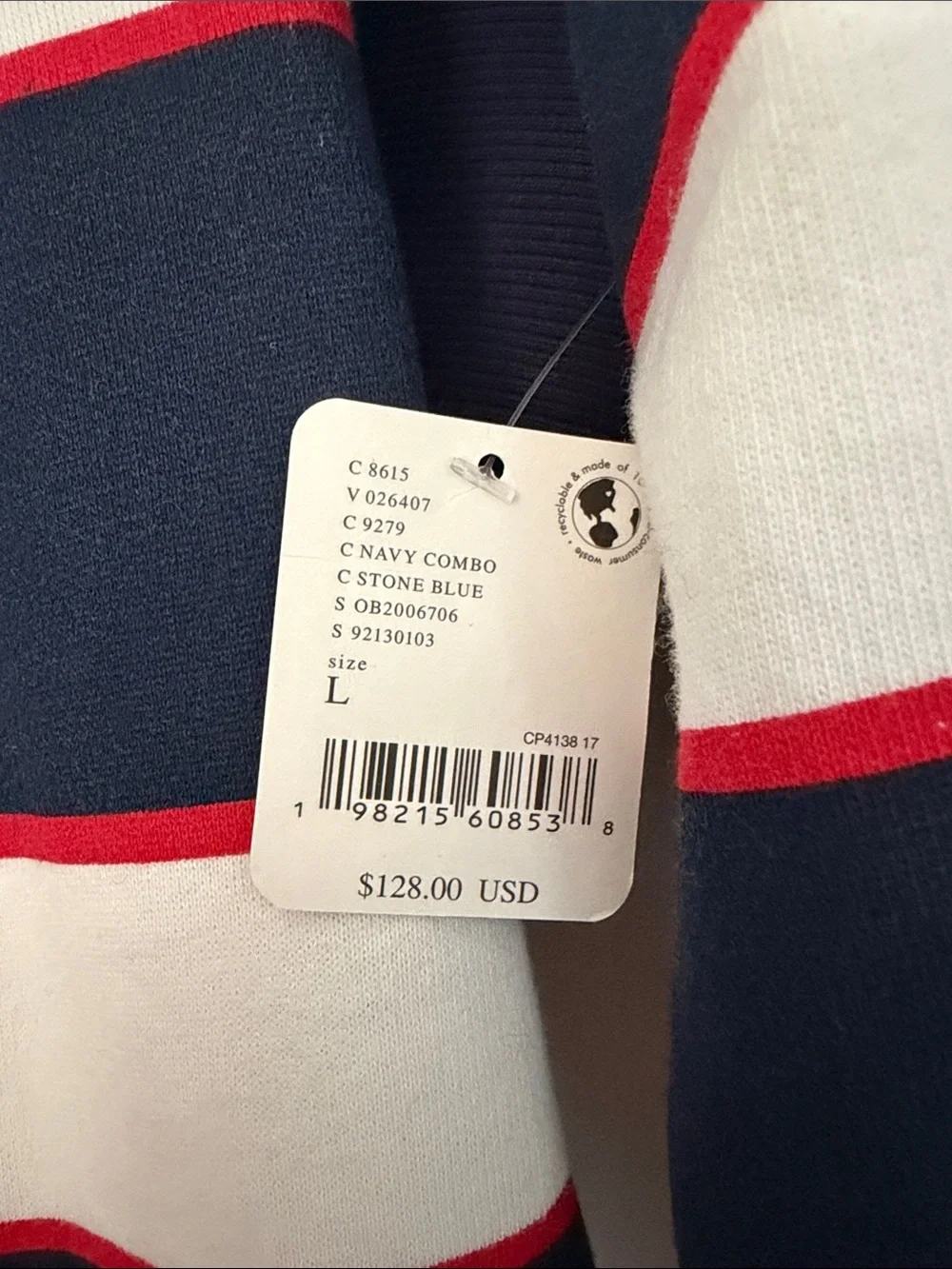 Free People Navy, White & Red Striped V-Neck Rugby Sweater
